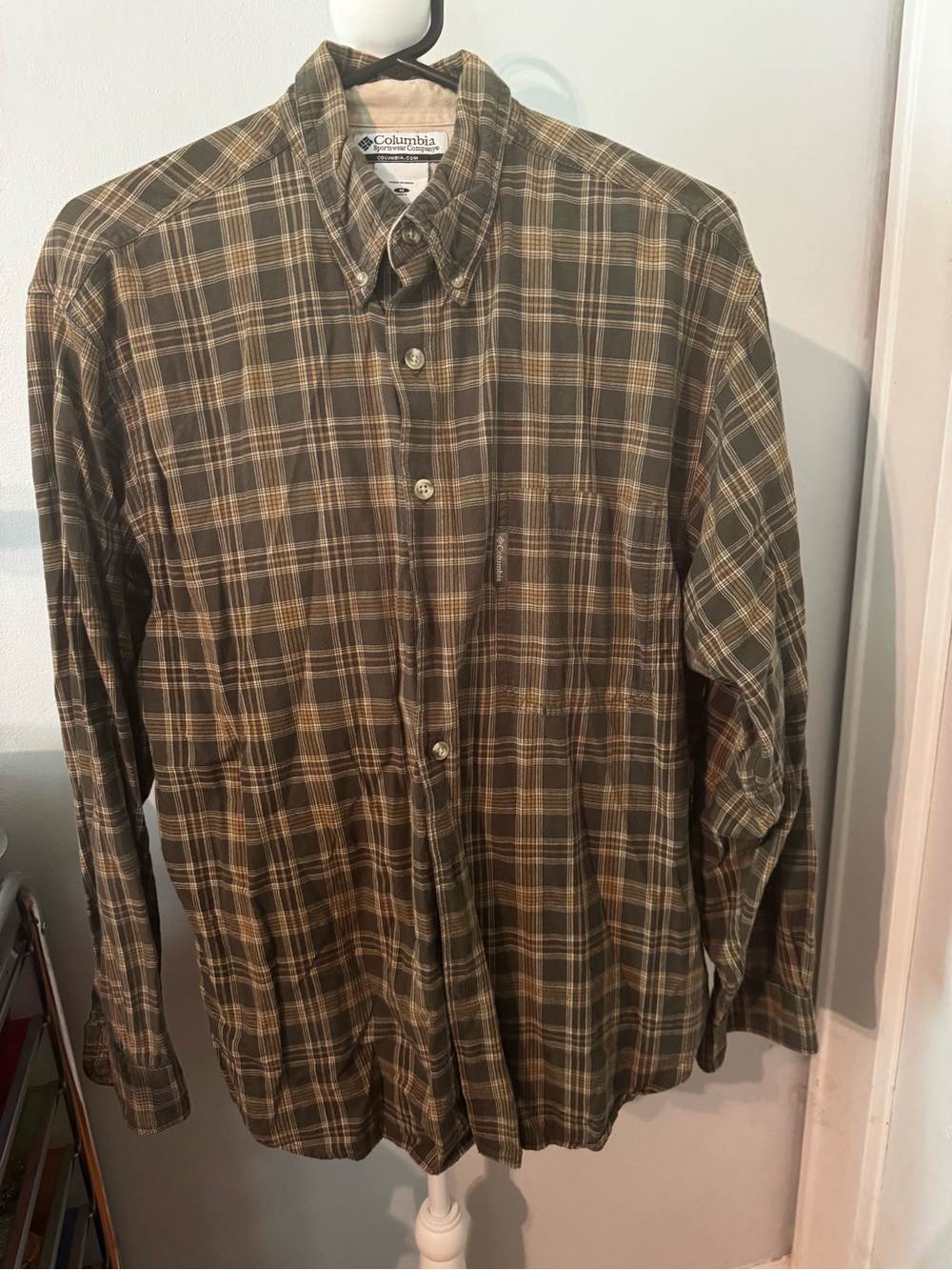 Columbia Olive and Tan Plaid Men's Button-Up Shirt